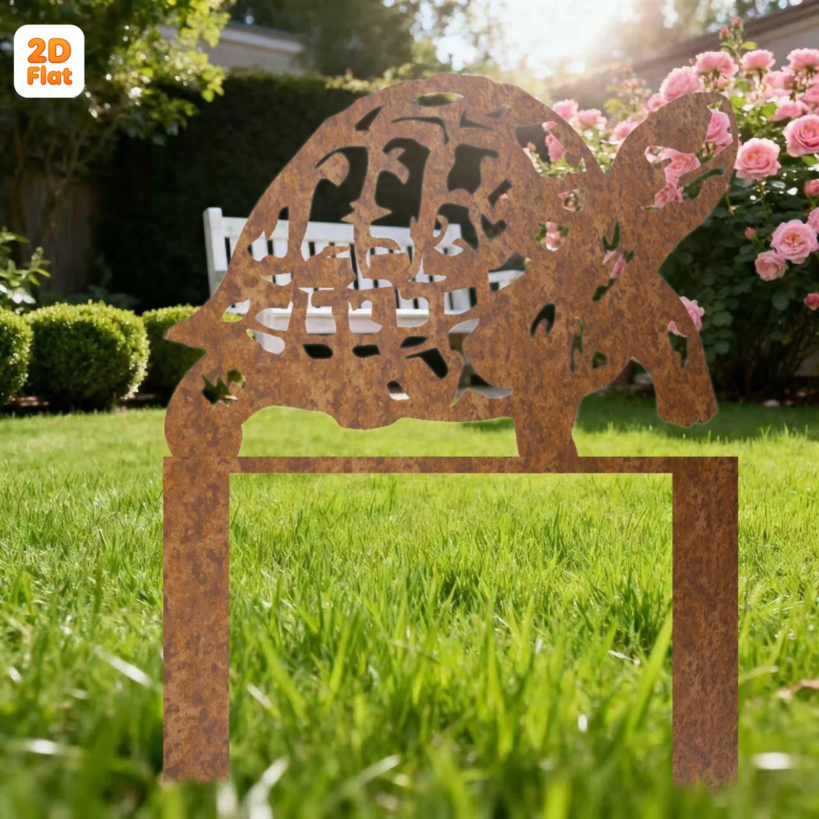 【2D Flat】Rusty Tortoise Metal Garden Stake – Yard Lawn Decor – Gift for Garden Party & Housewarming – Easy Install