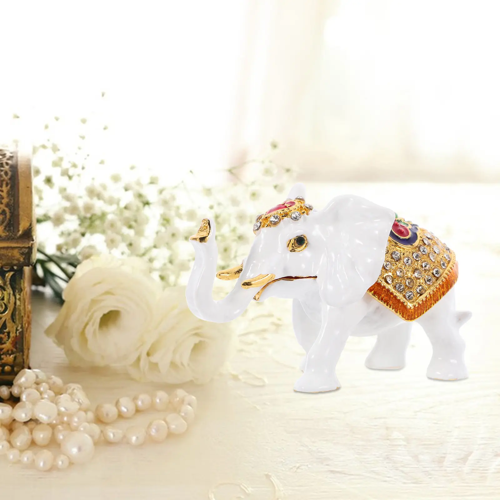 

Enamel Rhinestone Elephant Jewelry Box Hinged Trinket Organizer for Home Office Wedding Ring Holder Hand Painted Design