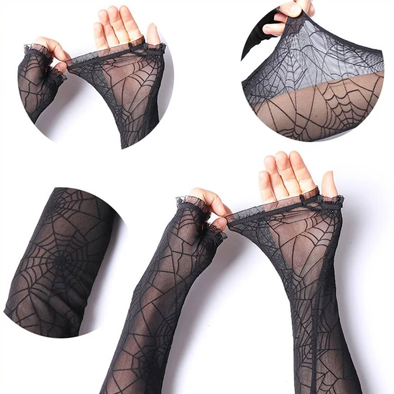 2 Pieces Women\'s Halloween Dark Punk Spider Web Long Half-finger Gloves Outdoor Sports Cycling Lace Sun Protection Sleeves