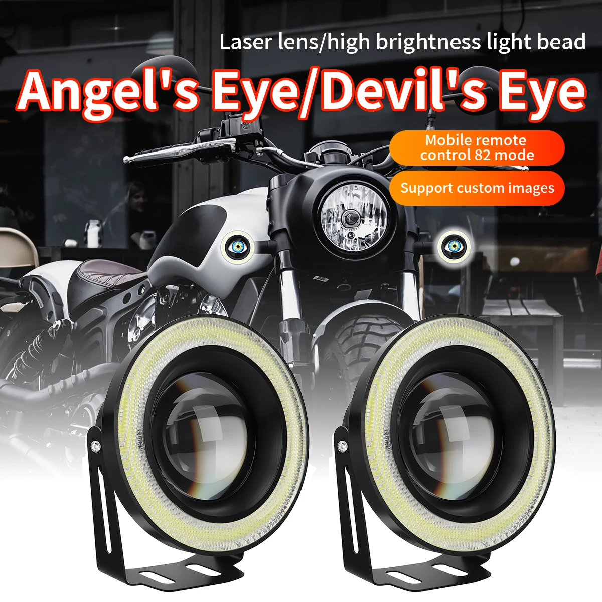 

3,5-дюймовый светодиодный противотуманный фонарь для мотоцикла с ангельскими глазами, 6/32/82 режима, вспомогательная фара Devil Eyes, декоративный светильник для мотоцикла с пультом дистанционного управления
