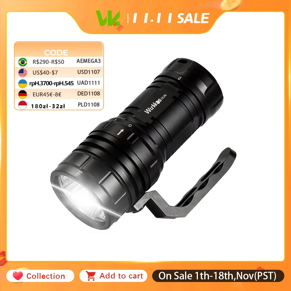 Wurkkos DL06 Diving Torch High Power Rechargeable 15000LMLED Flashlight 3*21700 6*XHP50.2 Power Bank IPX8 Underwater Work Light
