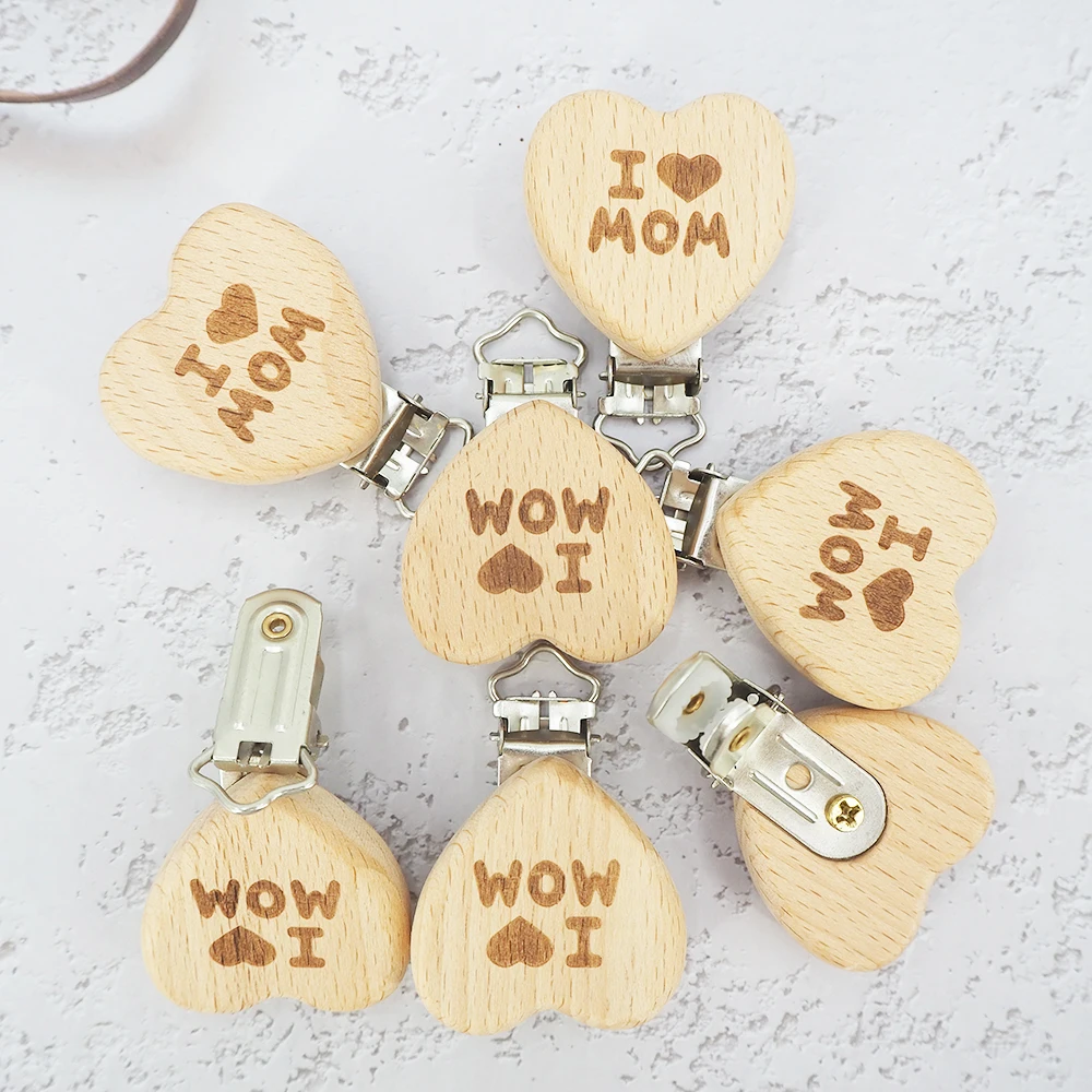 Chenkai 50PCS Heart Wooden Clip Food Grade Beech Wood Dummy Clip for Baby Teething Pacifier Chain Holder DIY Gift Accesories