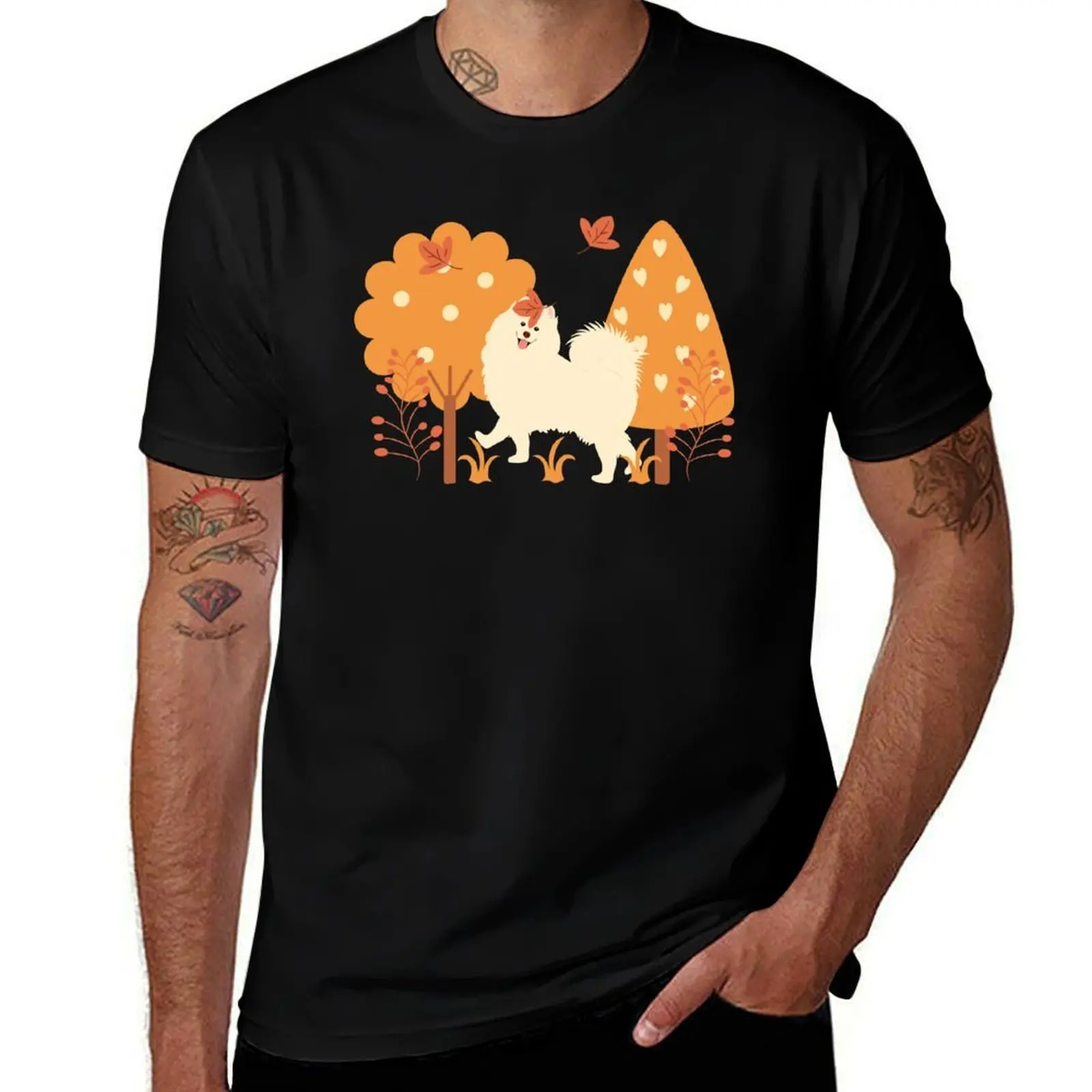 Samoyed Dog in Autumn T-Shirt Basic Casual Short Sleeve Cotton Shirt