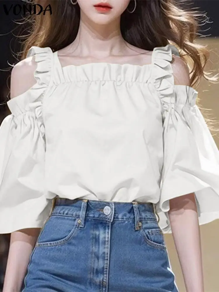 فوندا بلوزة نسائية كبيرة الحجم 2025 صيفية بدون أكتاف تانك القمم موضة قمصان مكشكشة بلون القمم تونك بلوزة فضفاضة غير رسمية #2