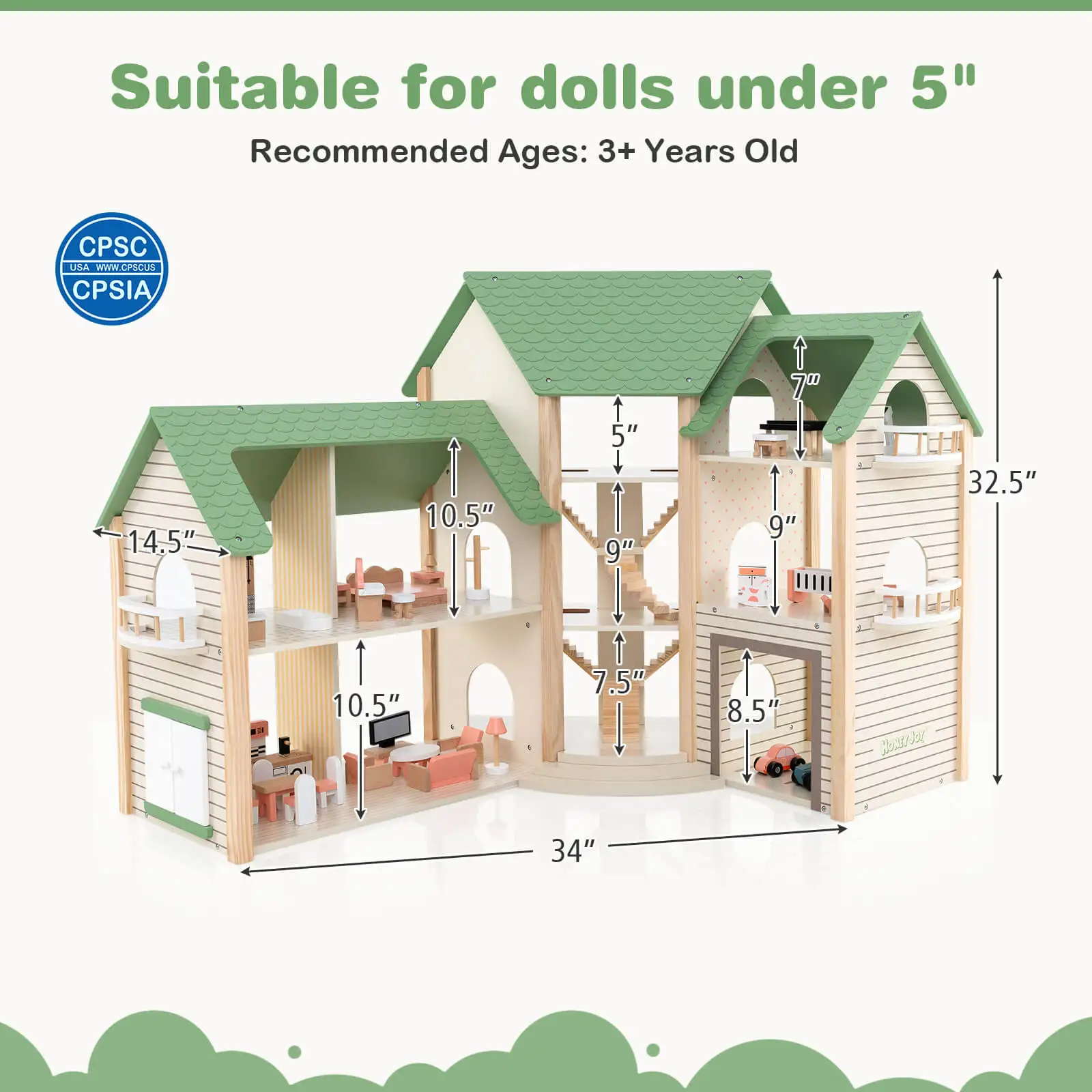 Wooden Corner Dollhouse Playset with 36 Pieces of Furniture and Accessories