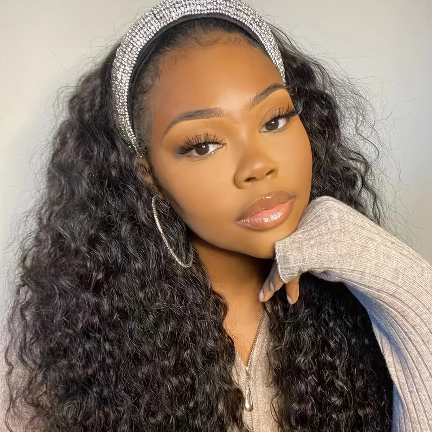200 Density Headband Wig Brazilian Remy Human Hair Deep Wave Curly Machine Made Rose Net Cap Wig for, Natural Look