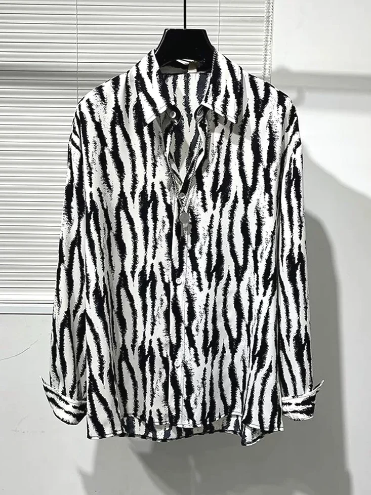 Men's Long Sve Ice Silk Chiffon irt Leopard Print No Ironing Sl Qui Dry Breathable European Sle Loose Fit Casu...