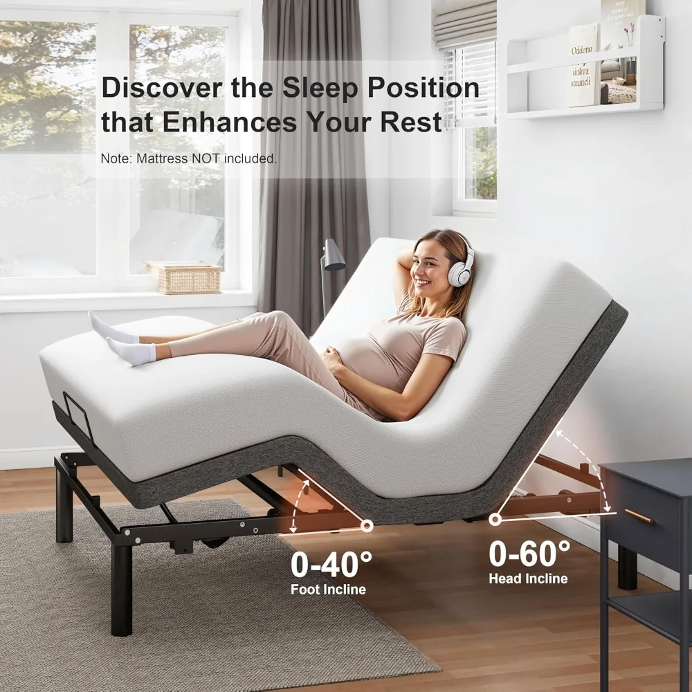 Queen Size Adjustable Bed Frame, Electric Bed Base, Wireless Remote Control, Whisper Quiet Durable Motor, Padded Edge