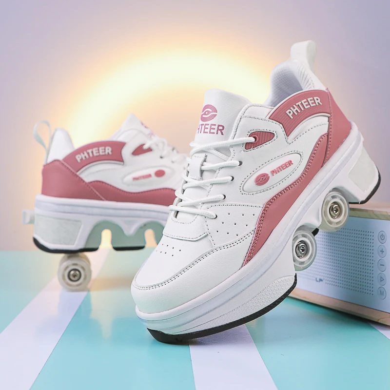 ハイトップ レディース 4 輪ローラーシューズ ファッショナブルなユニセックス ホイール付き 両用スケート カジュアル シューズ 自動ポップアップ スニーカー