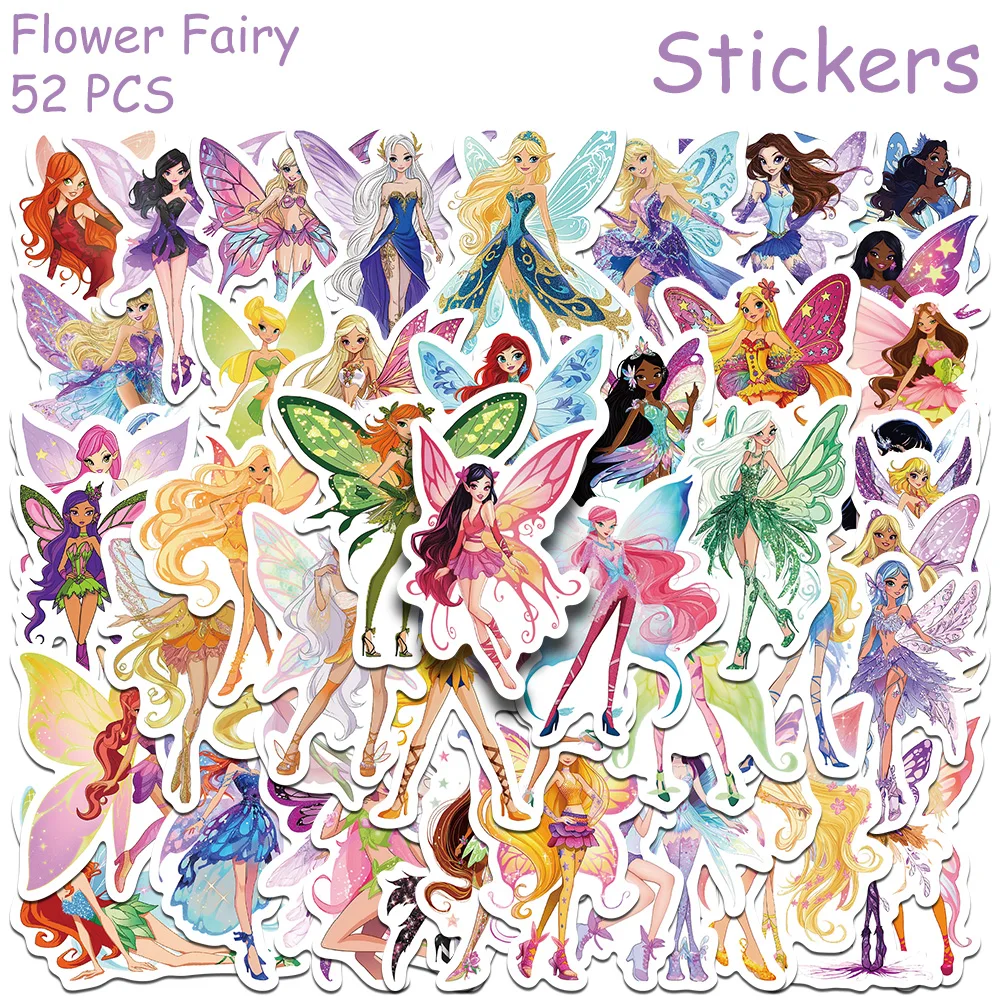 52pcs Cartoon Pretty Flower Fairy Stickers Decals For Phone Laptop Scrapbook Suitcase Helmet DIY Graffiti Aesthetic Stickers