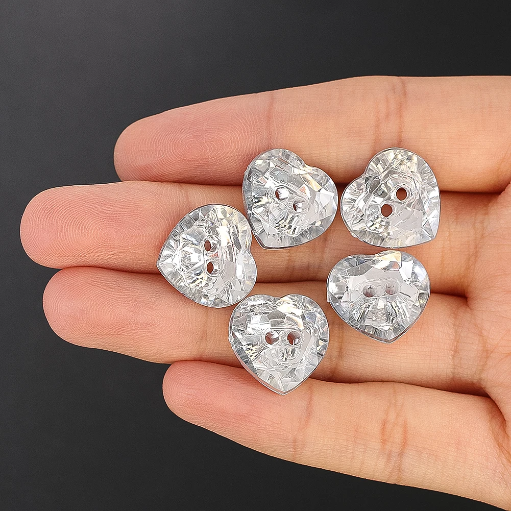 6pcs15mm AB Silver Crystal Heart Buttons 2 Holes Glass Prism Faceted Clothing Decoration Crafts DIY Handmade Sewing Clothes