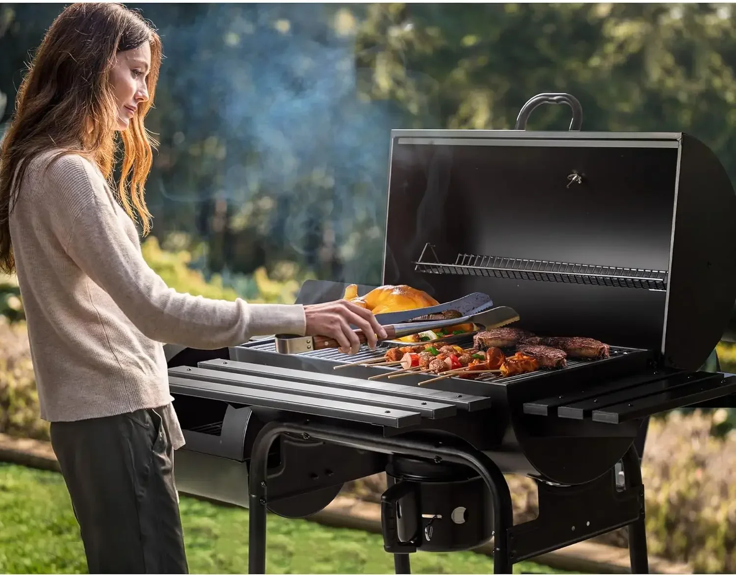 

#For Outdoor BBQ Grill with Side Oven & Thermometer Barbecue Grill Offset Smoker with Ash Catcher & Cover for Camping Picnics&