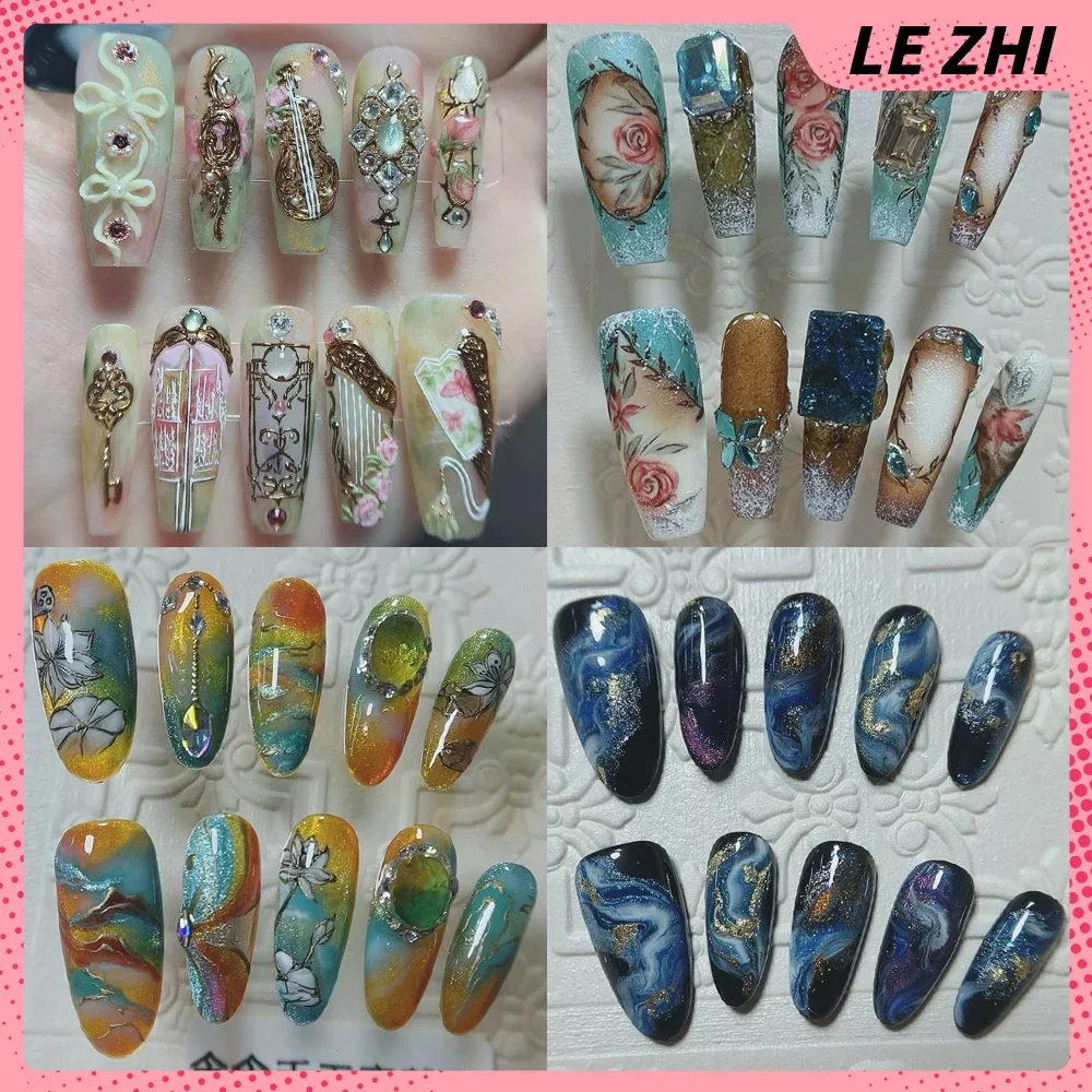 

10Pcs Classical Bohemian Style Handmade Press On Nails High Quality Cat Eyes Stars River Hand Painting Nails Party Stickers