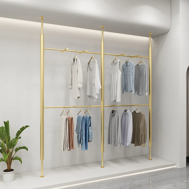 Clothing store display rack stainless steel upper wall hanging column double layer hanging clothes rack clothing titanium
