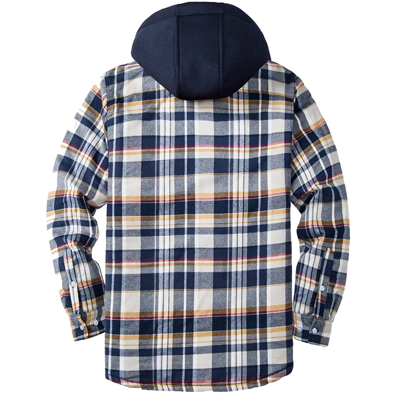 Men\'s Winter Flannel Cotton Shirt Warm Jacket With Hood Long Sleeve Quilted Lined Plaid Button Down Thick Hoodie Outwear Coats