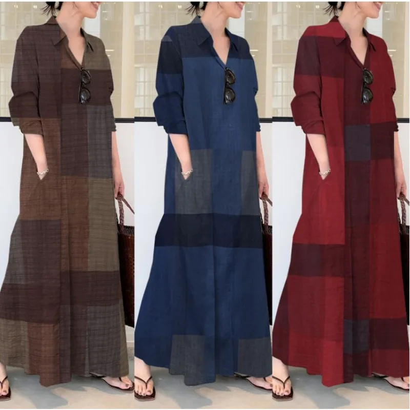 New Patchwork Summer Dress Plus Size 3XL 4XL Cotton Linen Pocket Maxi Dress Women Polo Streetwear Blouse Loose Long Dresses