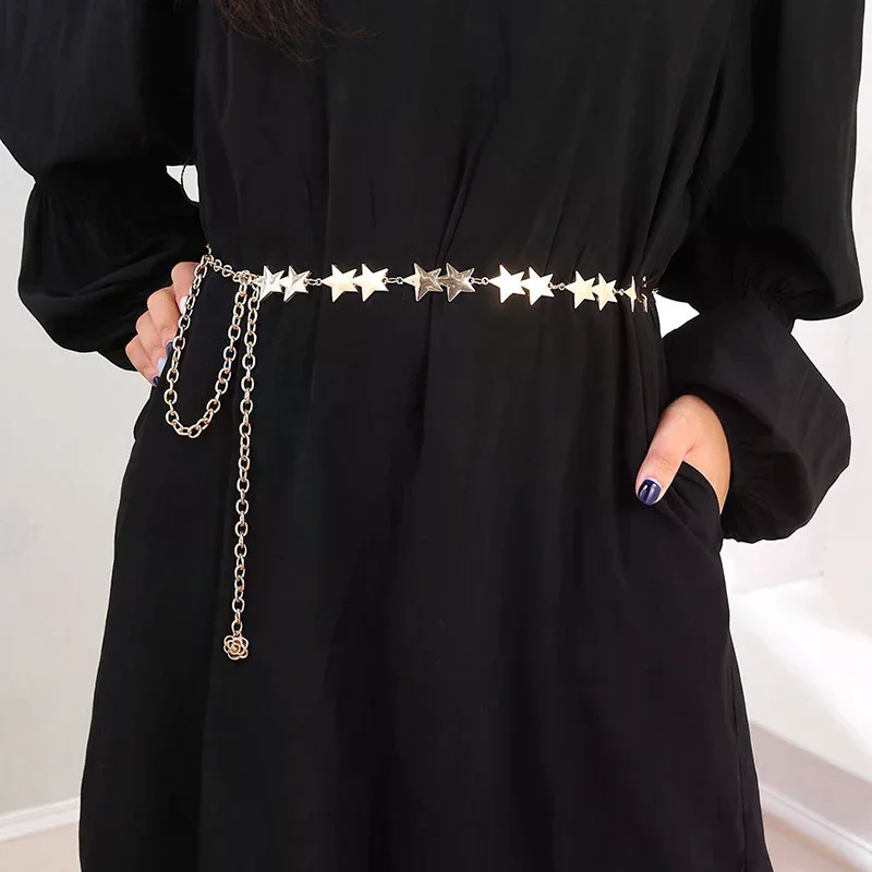 Retro Female Waist Belt with Metal Star Pentagram Design Chain, Women Decorative Tassel Waist Jewelry