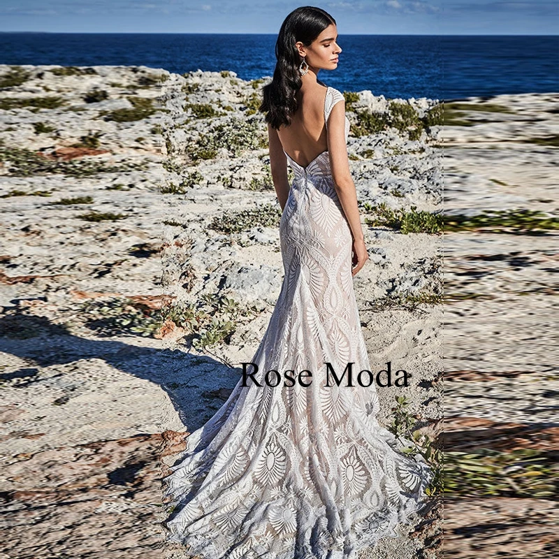 Rose Moda Cap Sleeves Lace Mermaid Wedding Dresses with Removable Crystal Belt Backless Boho Bridal Gown Real Photo