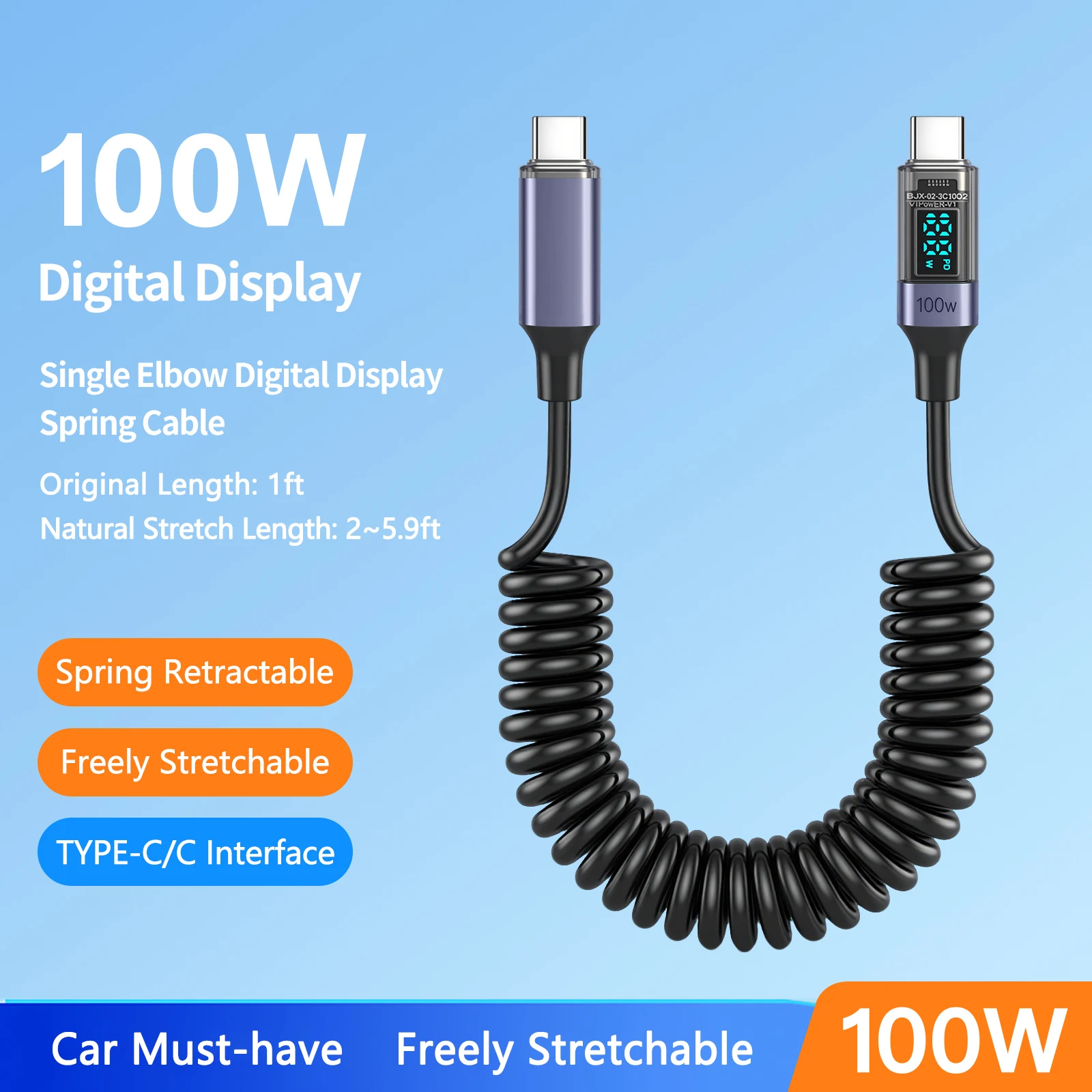 

Coiled USB A to USB C Cable Type C Charge Cord with LED Display Retractable Fast Charging Cable for iPhone 16 Samsung Galaxy S24