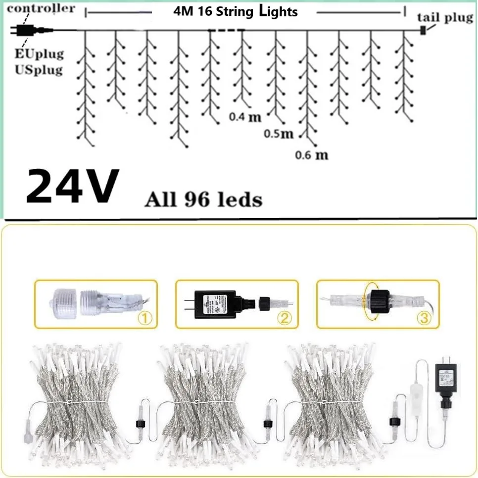 Imagem -06 - Luzes de Natal ao ar Livre 4m w 0.4 0.50.6m h com Strobes Cintilantes Branco Quente Mais Branco Fresco Modos Cortina Fada Corda Luz Novos Beirais 2025 Guirlandas de Rua na Casa para o Natalcasamentocasa