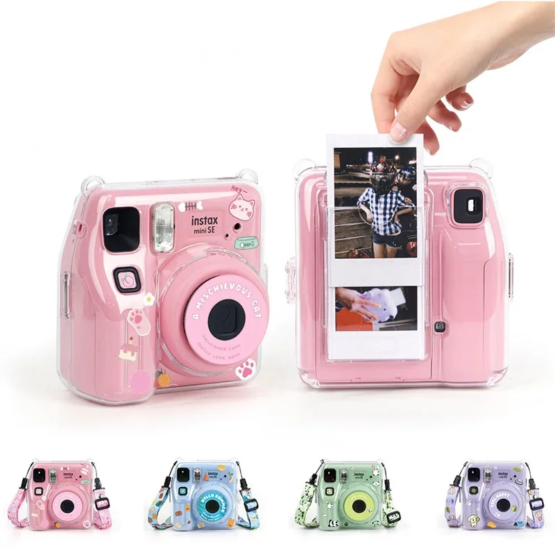 For Instax Mini SE Transparent Crystal Case Shell with Photo Bag Strap Rope Sticker Camera Bags Set