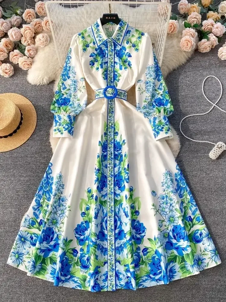 

2024 Fashion Holiday Flower Long Dress Women's Turn Down Collar Single Breasted Lantern Sleeve Floral Print Belt Beach Vestidos