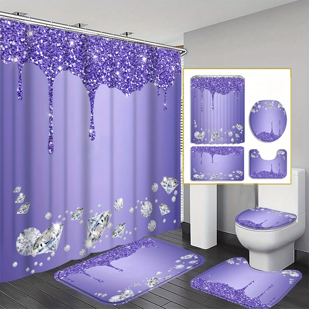 4PC Diamond Drop Jewel Shower Curtain Set - Waterproof Bath Curtains & Floor Mat for Modern Home Bathroom Decor