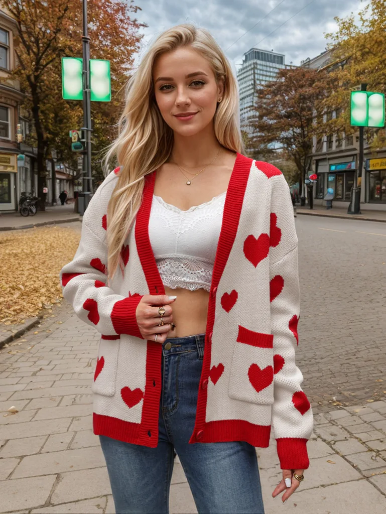 Jersey de punto con cuello en V y bolsillo para mujer, cárdigan con corazón y melocotón para el Día de San Valentín