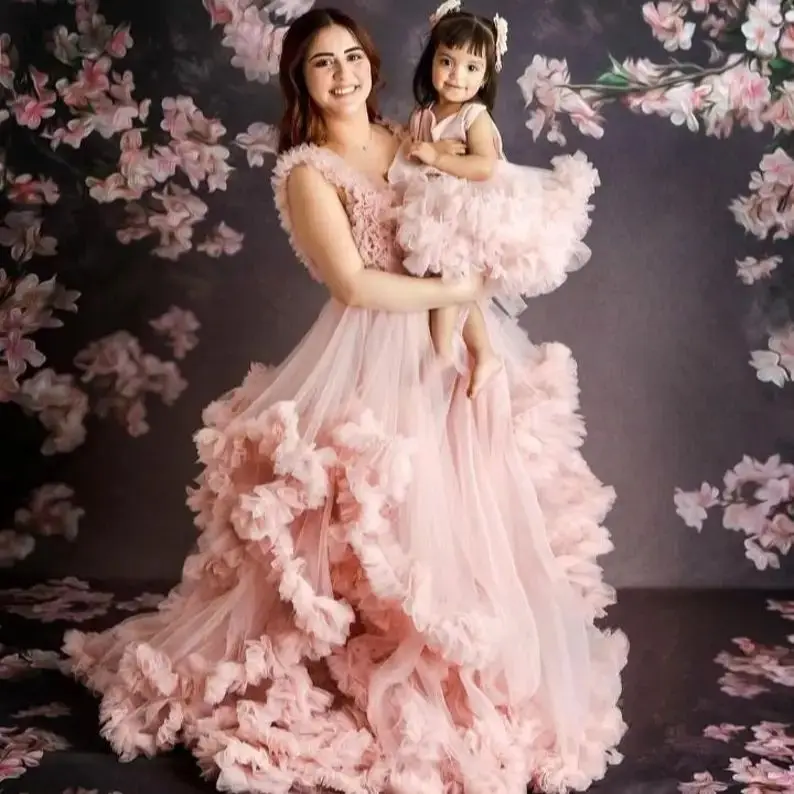 Pink Tiered Mommy and me Ruffle Dresses Mother and Daughter Photoshoot Dress for Birthday or Wedding Guest Dresses