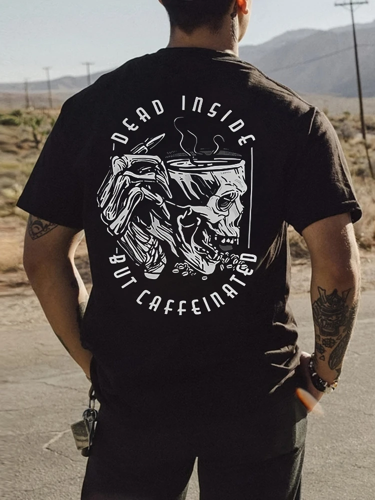 Funny Coffee Lover-Skull Coffee Cup Graphic-100% cotton summer casual O-neck short sleeve printed men's T-shirt.