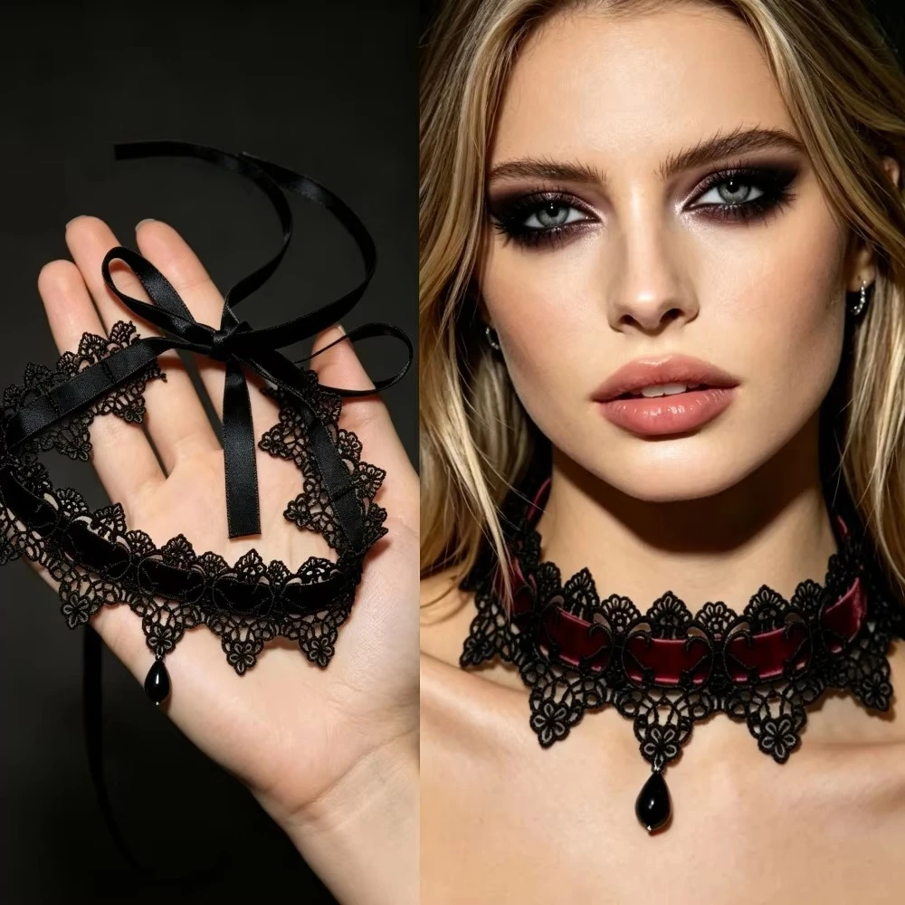 Gothic Lace Bow Choker, Vintage Black Short Necklace Retro Dark Jewelry for Party Birthday Gift
