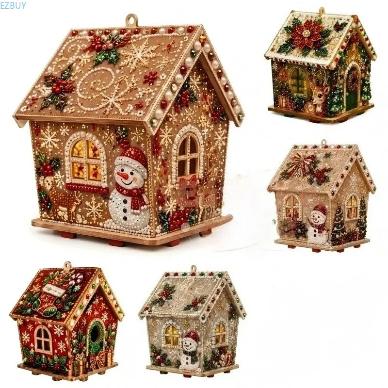 Plymagic DIY Pearl Art - Christmas Collection, 3D Wooden House Rhinestone Diamond Painting Kit with Pearl Beads