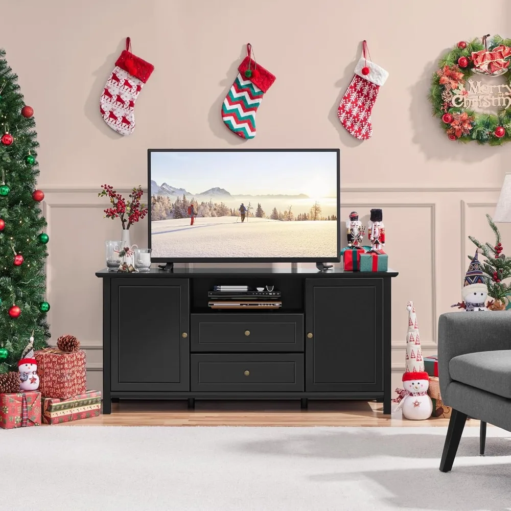 

TV Stand for 65 inch TV, Black Entertainment Center for Living Room, Wooden TV Console Table with Drawers & Open Stora