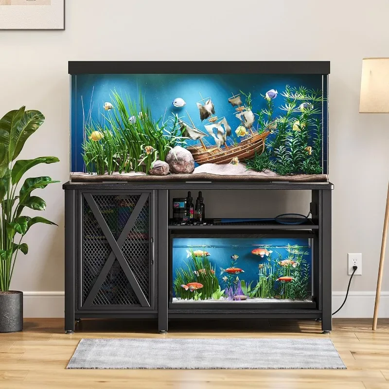 55-75 Gallon Aquarium Stand with Power Outlets, Cabinet for Fish Tank Accessories Storage - Heavy Duty Metal Fish Tank Stand