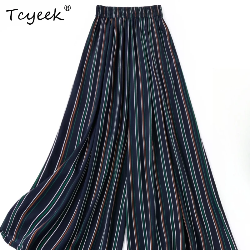 

Шелковые брюки Tcyeek из 100% натурального шелка для женщин, весна-осень 2026, с вертикальными полосками, широкие, длинные, женская одежда, Pantalon Pour Femme
