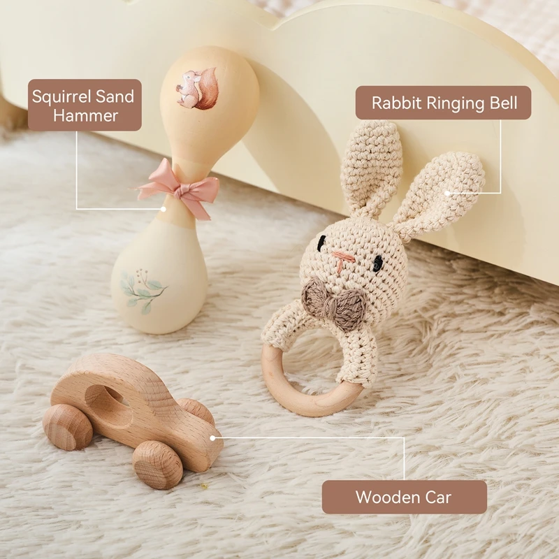 3 STKS Gehaakte Dierenbeer Rammelaar Speelgoedset Fopspeen Armband Houten Bijtring Ring Baby Product Mobiele Kinderwagen Wieg Houten Speelgoed Geschenken