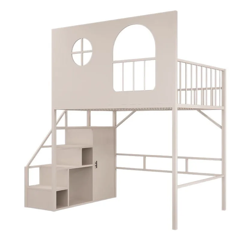 Wrought iron loft elevated bed, small apartment bed under empty single upper floor high low tree house castle