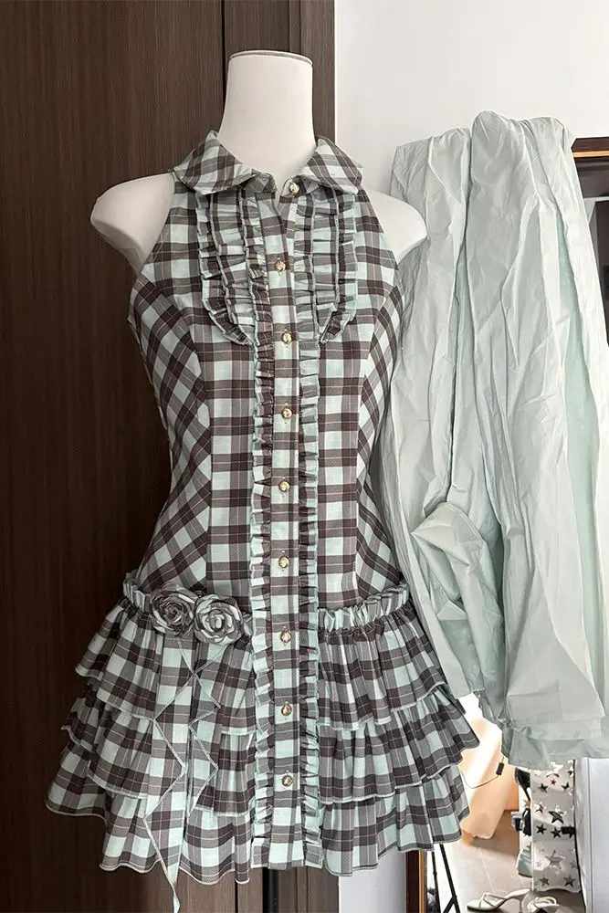 

Japanese Vintage 3D Flowers Button Plaid Dress 2025 Summer Slimming Waist Sleeveless Sweet Youthful Casual/Party Petite Outfit