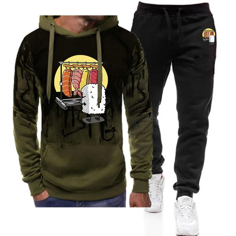 

Men's 2025 Spring And Autumn Funny Sushi Wardrobe Logo Print Simple Style Gradient Color Drawstring Hoodies Pants Suits