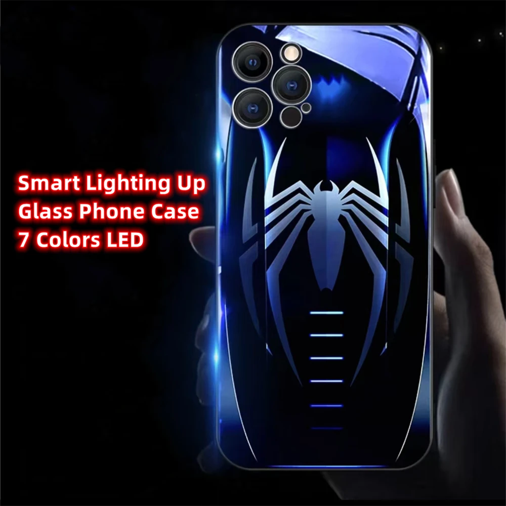 

Punk Spider Design Smart LED Light Glow Tempered Glass Phone Case For Samsung S24 S23 S22 S21 S20 FE Note 10 20 Plus Ultra A54