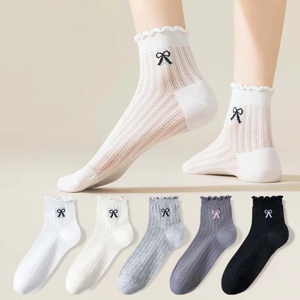 Thin Women Mesh Bow Socks Female Hosiery Anti Slip Cotton Bow Ankle Socks Lolita Sweat Absorption Cotton Boat Socks Ladies