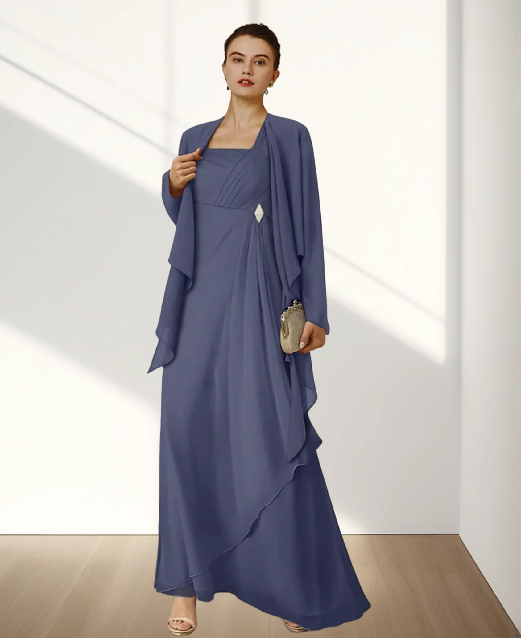 

A-Line Mother of the Bride Dress Wedding Guest Elegant Square Neck Chiffon Long Sleeve with Crystal Brooch Ruching 2024