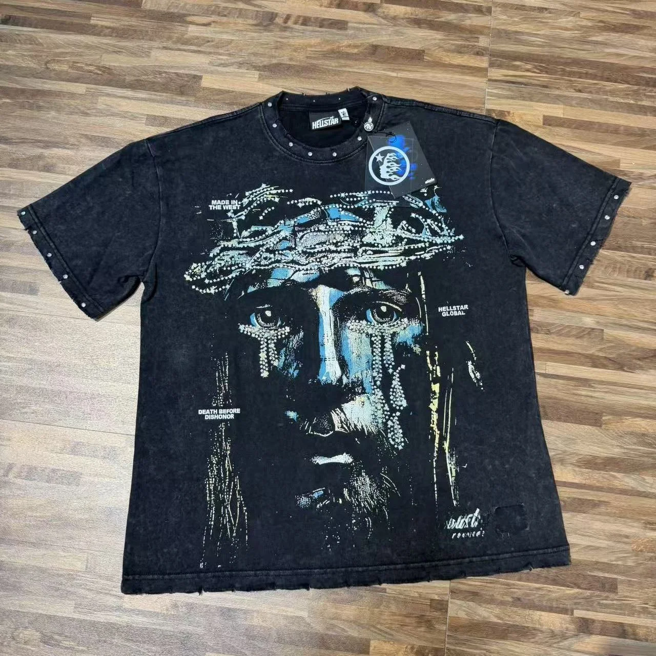 Retro American Print Cotton round Neck Short Sleeve T-Shirt Washed Vintage Faded Rhinestone High Street Style Unisex T-Shirt