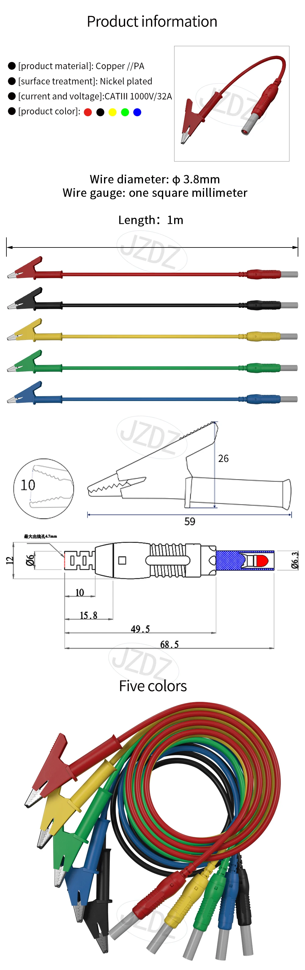 JZDZ 5PCS 4MM einziehbarer Sicherheits-Bananenstecker auf Bananenstecker Messleitung 1M vernickelter Kupfer-Bananenstecker J.70019 – Detail 3