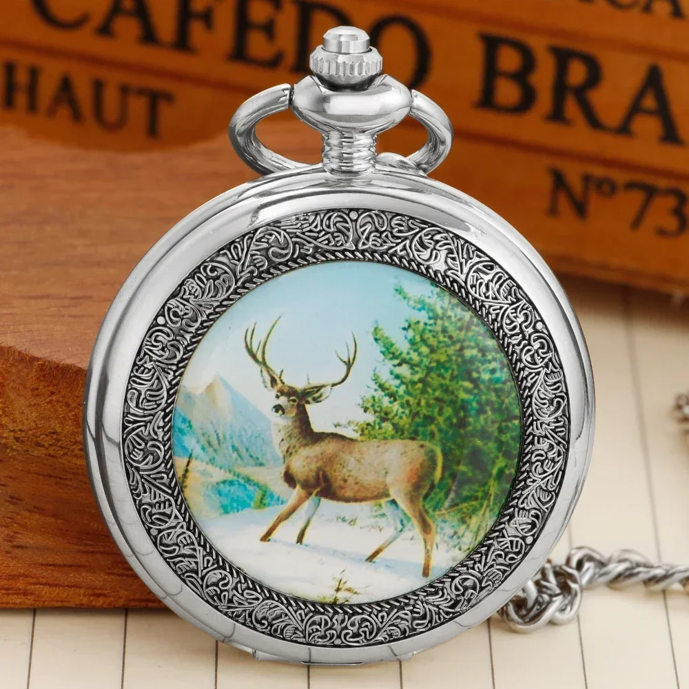 Retro Silver Elk Display Hand Winding Mechanical Pocket Watch Moon phase Roman Numeral Display Mechanism Pocket Clock