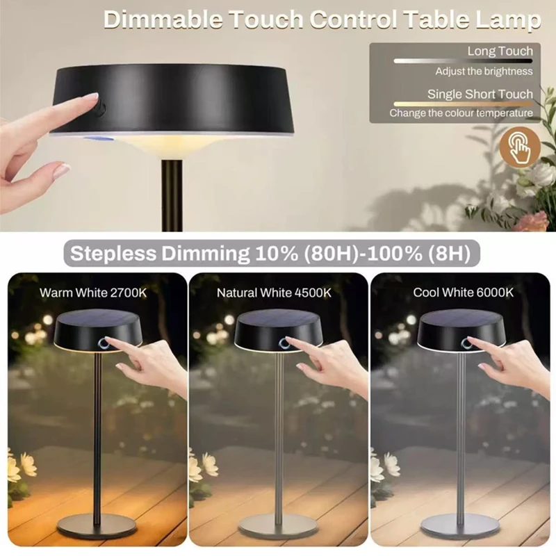 Solar Table Lamp Dimmable LED Desk Lamp Waterproof Cordless Table Lamp Rechargeable Night Lamp for Garden Terrace Camping