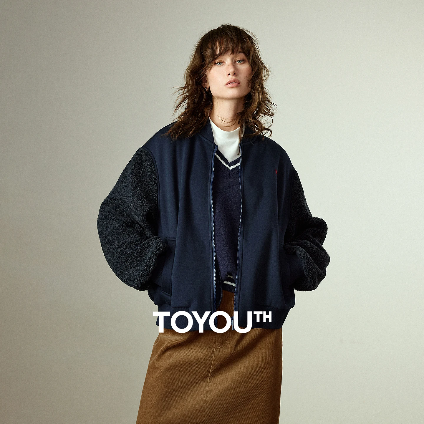 

TOYOUTH Women Baseball Jackets 2025 Winter New Australian Wool Fleece & Wheat Ear Fleece Splicing Stylish Retro Outerwear