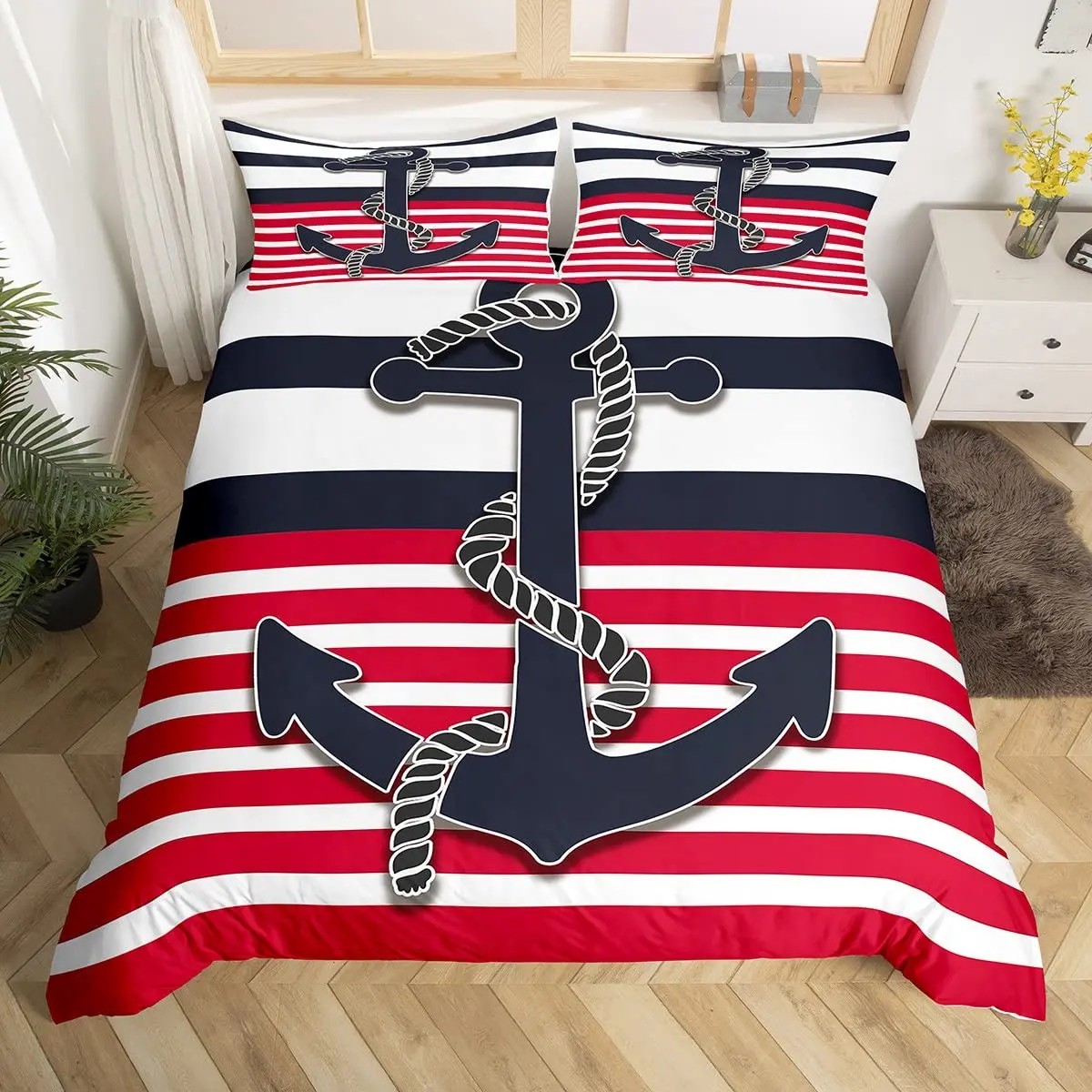 Anchor Decor Duvet Cover Nautical Themed Ocean Bedding Set Coastal Sea Adventure Comforter Cover Black Red Stripe Quilt Cover