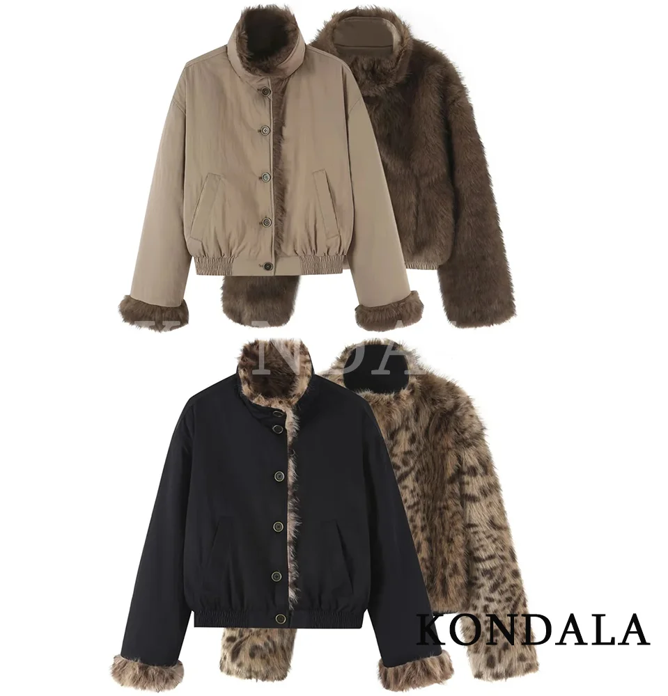 KONDALA Women Trendy Streetwear Double-sided Wear Jacket Faux Fur Button Pocket Jacket New Fashion 2026 Fall Winter Cool Jacket