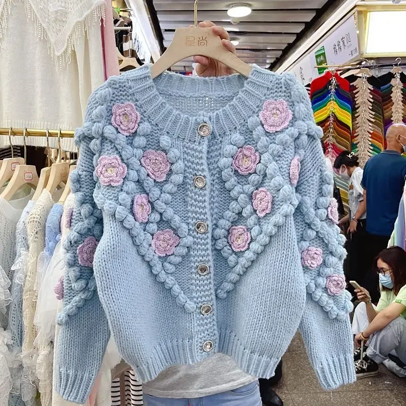 

Autumn Winter Thickened 3D Handmade Hooked Flowers Sweater Coat Thick Stick Needles Thickened Crocheted Floral Cardigan O-Neck